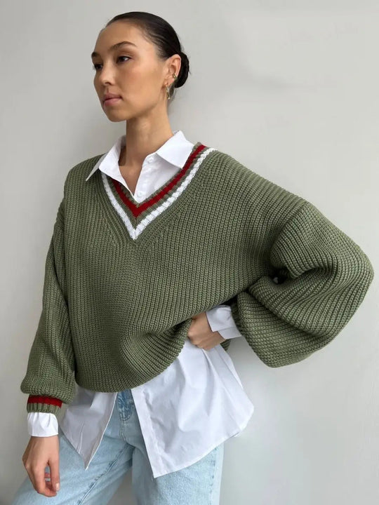 Damen Grobstrickpullover mit dekorativem V-Ausschnitt Fudus