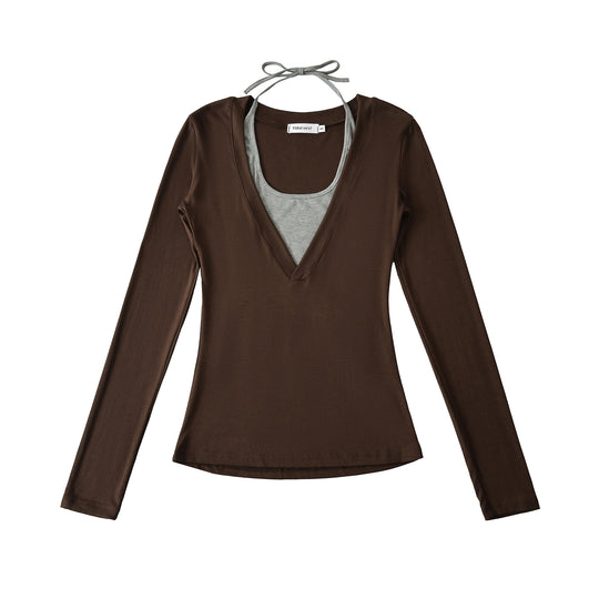 Damen langärmliges Oberteil mit tiefem V-Ausschnitt und Schleifenverzierung Fudus