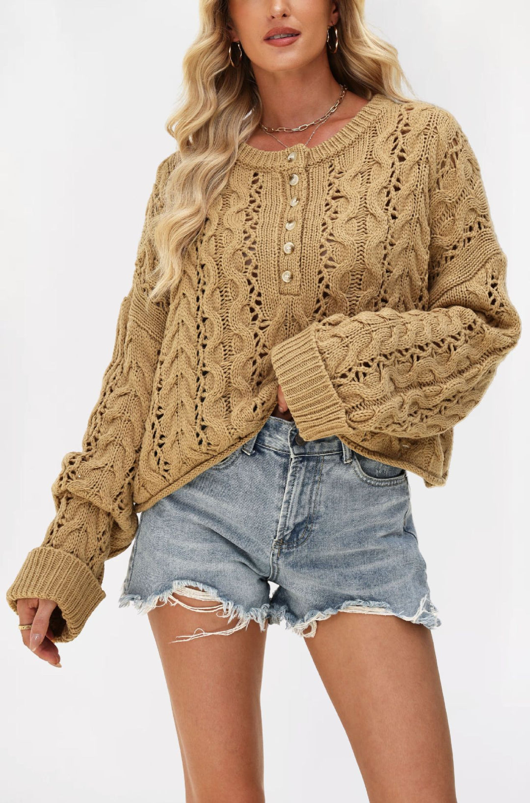 Damen kuscheliger Strickpullover mit strukturiertem Zopfmuster Fudus