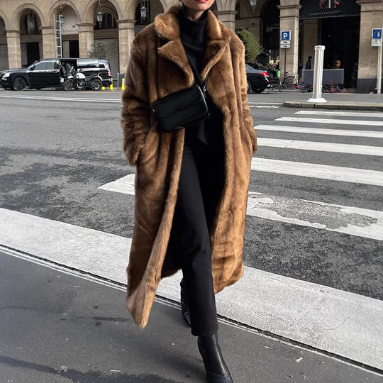 Damen Langer Kunstfellmantel mit breitem Revers und lässigem Schnitt Fudus