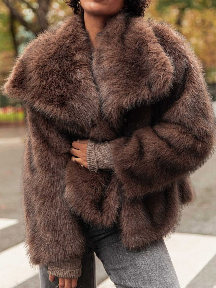Damen Kunstfelljacke mit breitem Kragen und luxuriösem Schnitt Fudus