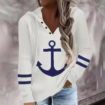 Damen modischer Kapuzenpullover mit maritimem Grafikdesign Fudus