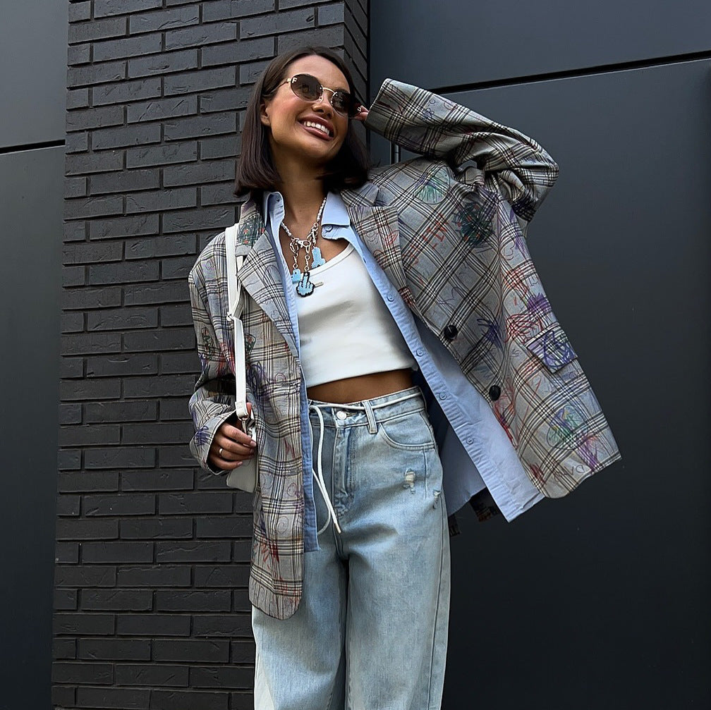 Damen Modischer Karo-Blazer mit Taillengürtel und lässigem Schnitt Fudus