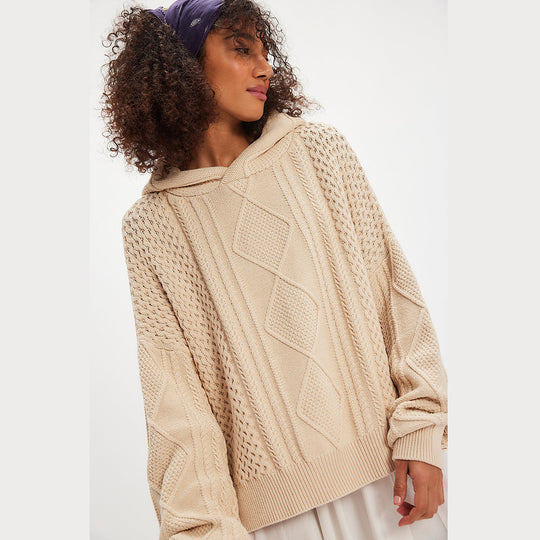 Damen Grobstrick-Hoodie mit stilvollem Zopfmuster Fudus