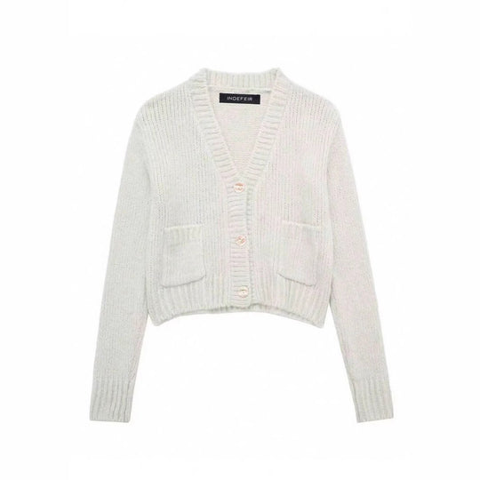 Damen kuschelige Strickjacke mit tiefem V-Ausschnitt und praktischen Taschen Fudus