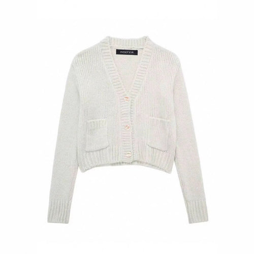 Damen kuschelige Strickjacke mit tiefem V-Ausschnitt und praktischen Taschen Fudus