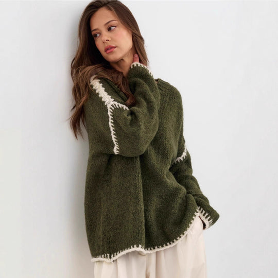 Damen kuscheliger Strickpullover mit kontrastierenden Akzentdetails Fudus