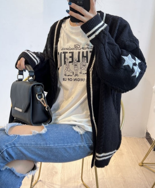 Damen Grobstrick Cardigan mit modischem Sternenmotiv Fudus
