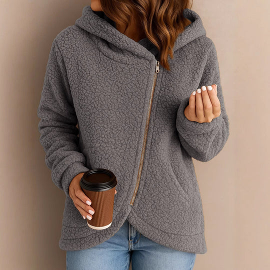 Damen kuschelige Fleecejacke mit asymmetrischem Reißverschluss Fudus