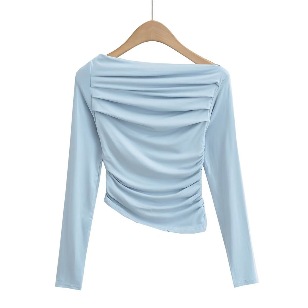 Damen langärmliges Oberteil mit gerafftem Design und asymmetrischem Ausschnitt Fudus