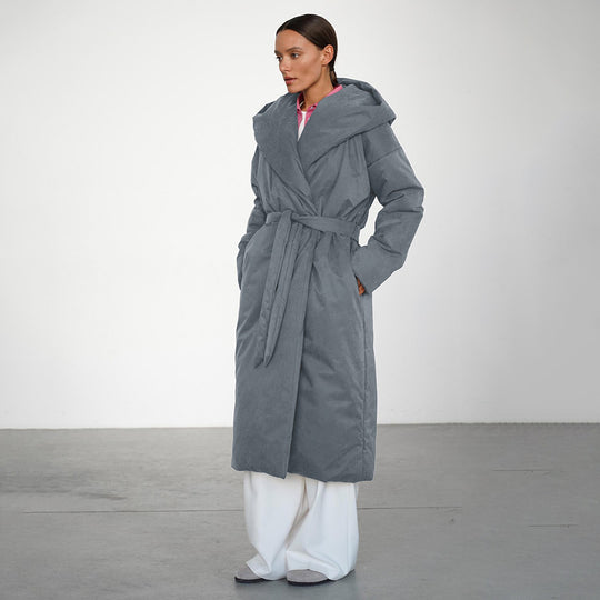 Damen Langmantel mit breitem Kragen und Taillengürtel Fudus