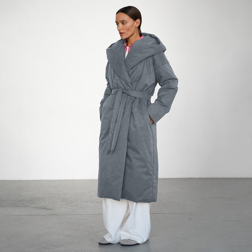 Damen Langmantel mit breitem Kragen und Taillengürtel Fudus