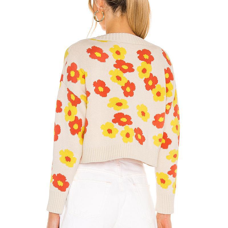 Damen Kurzgeschnittener Strickpullover mit floralem Muster Fudus