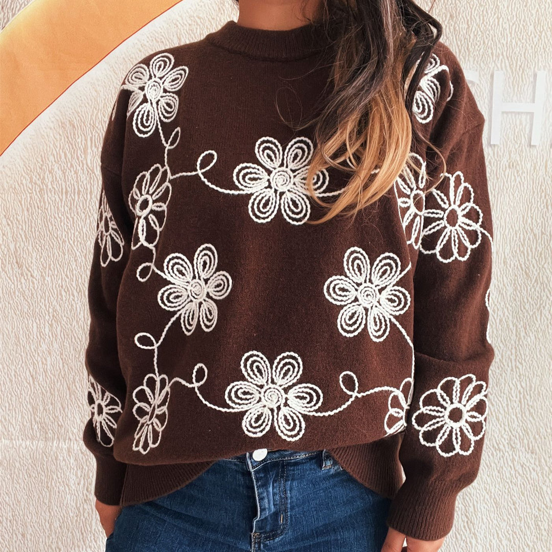Damen kuscheliger Strickpullover mit floralen Applikationen und Rundhalsausschnitt Fudus