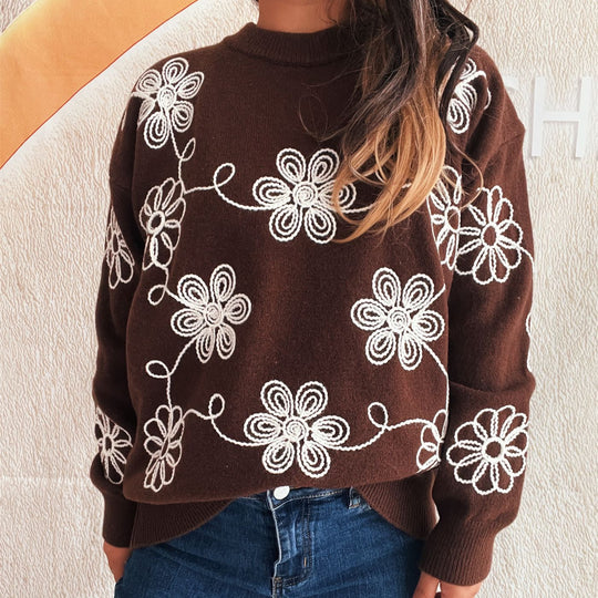 Damen kuscheliger Strickpullover mit floralen Applikationen und Rundhalsausschnitt Fudus