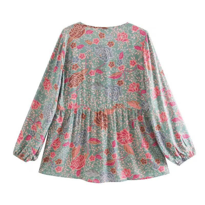 Damen Langarmbluse mit floralem Muster und Raffung Fudus