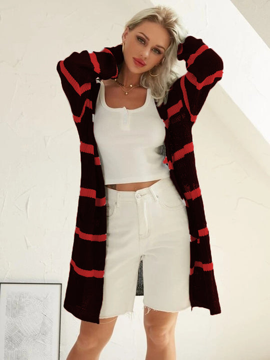 Damen Langer offener Strickcardigan mit einzigartigem Muster Fudus