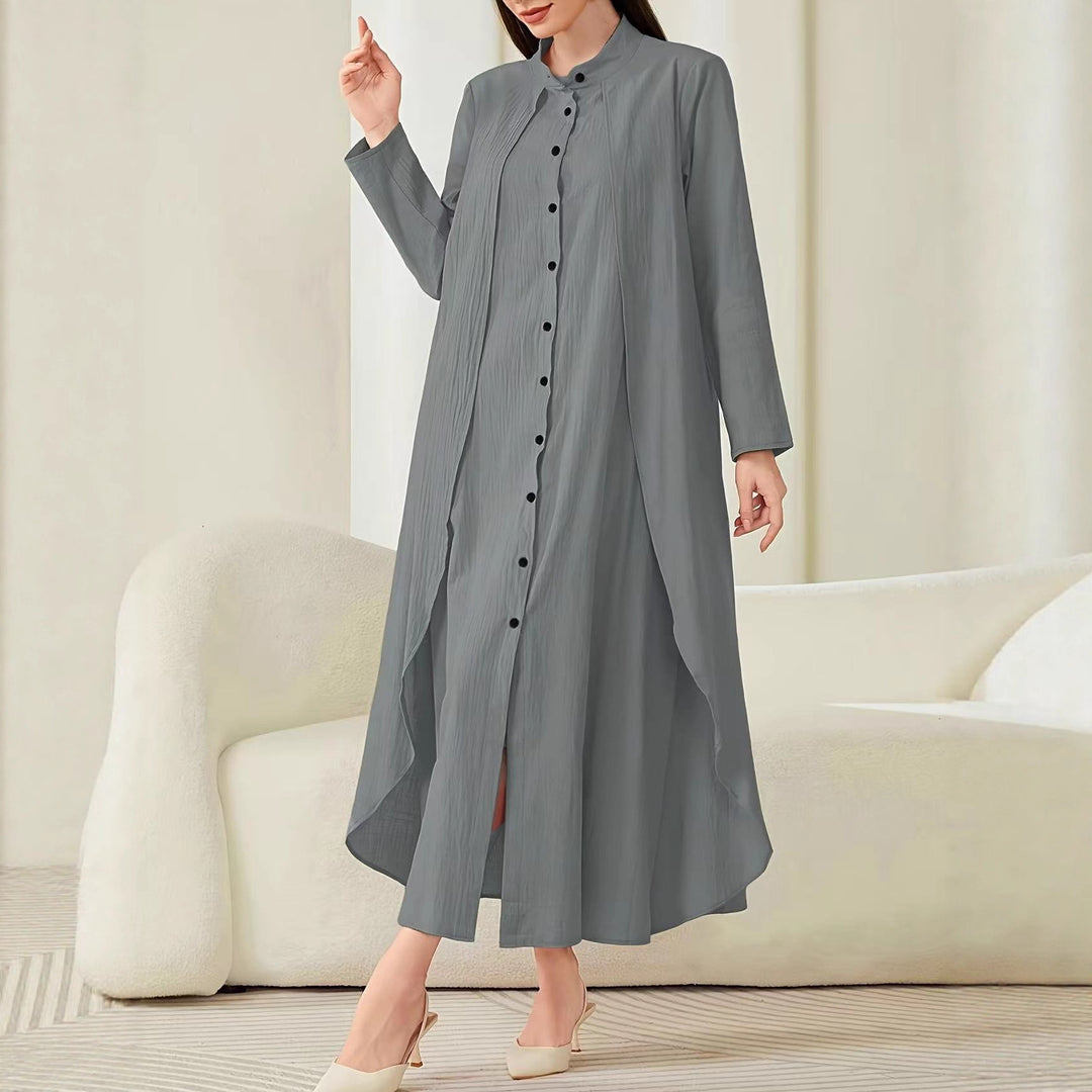 Damen Langarm-Blusenkleid mit asymmetrischem Schnitt und Knopfleiste Fudus