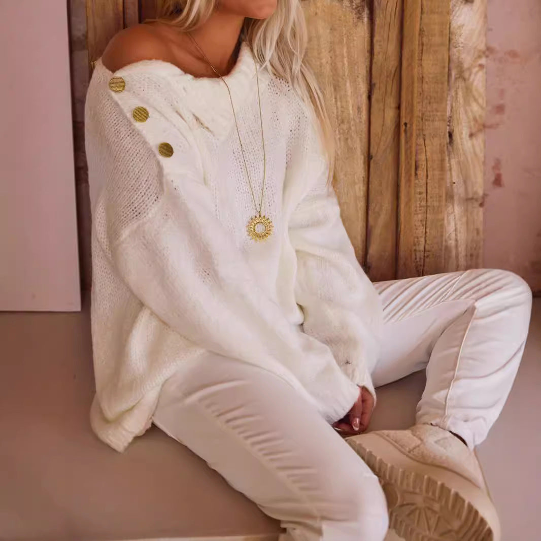 Damen Grobstrickpullover mit hohem Kragen und modischen Knopfdetails Fudus