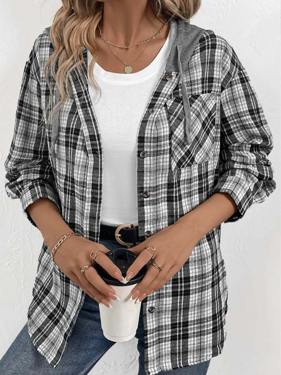 Damen Karierte Flanelljacke mit Kapuze Fudus