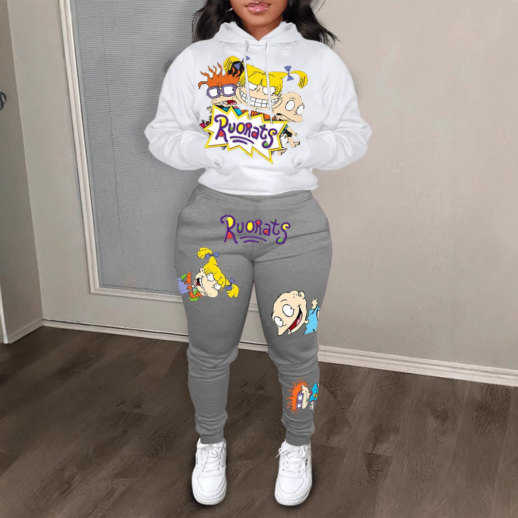 Damen Hoodie und Jogginghose Set mit farbenfrohen Cartoon-Motiven Fudus