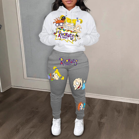 Damen Hoodie und Jogginghose Set mit farbenfrohen Cartoon-Motiven Fudus