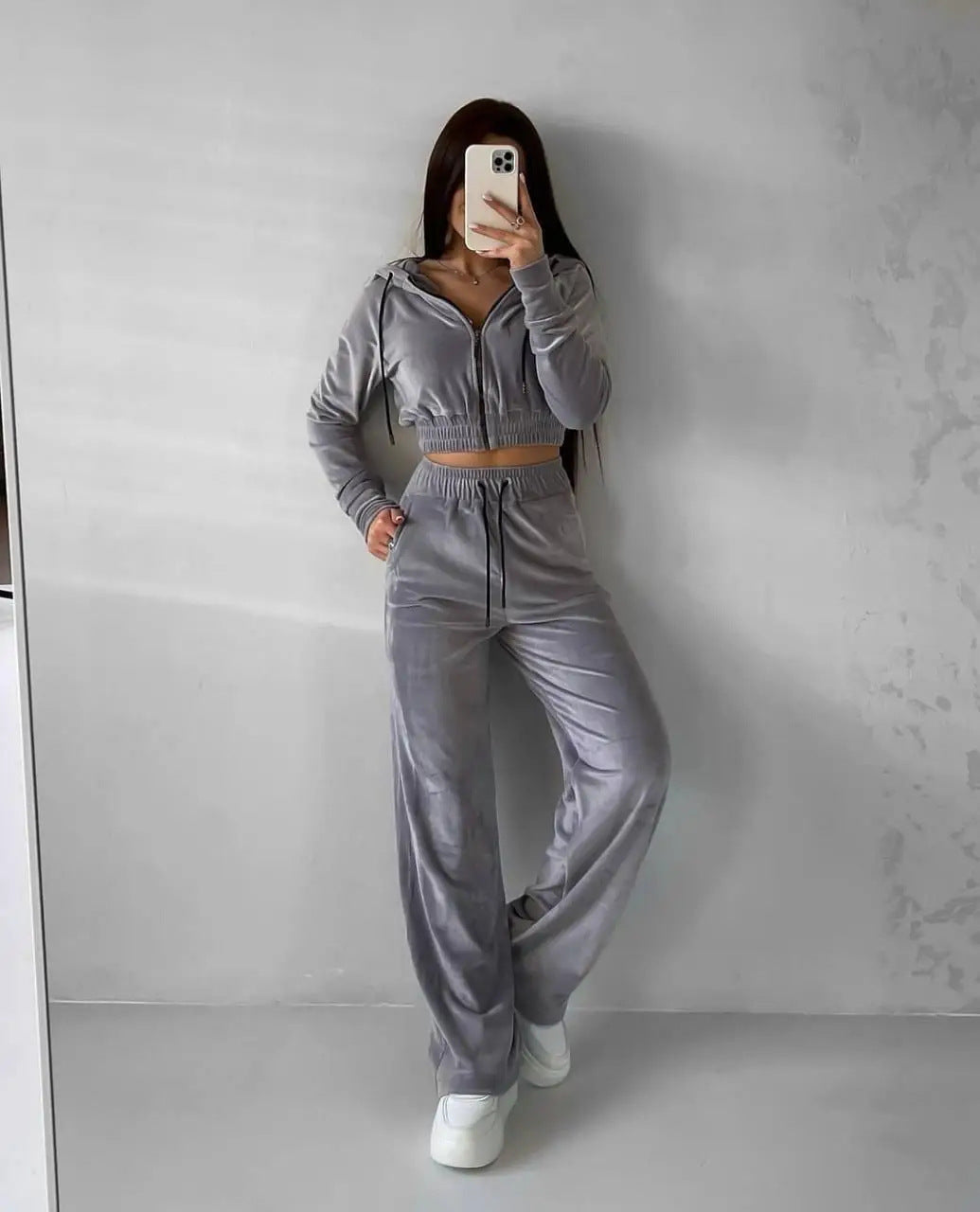 Damen kuscheliges Velours-Lounge-Set mit Kapuze Fudus