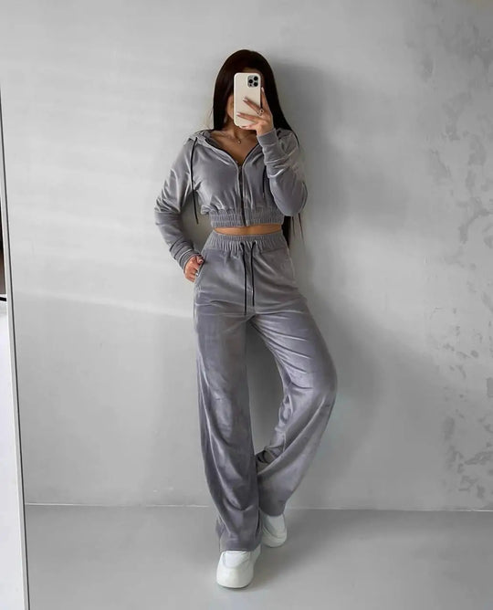 Damen kuscheliges Velours-Lounge-Set mit Kapuze Fudus
