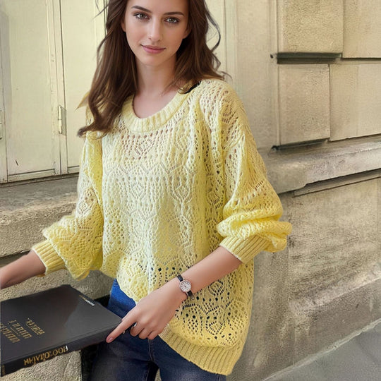 Damen Grobstrick Pullover im modernen Spitzenmuster Fudus