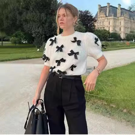 Damen Kurzes Strickoberteil mit Rüschendetails und Schleifen Fudus