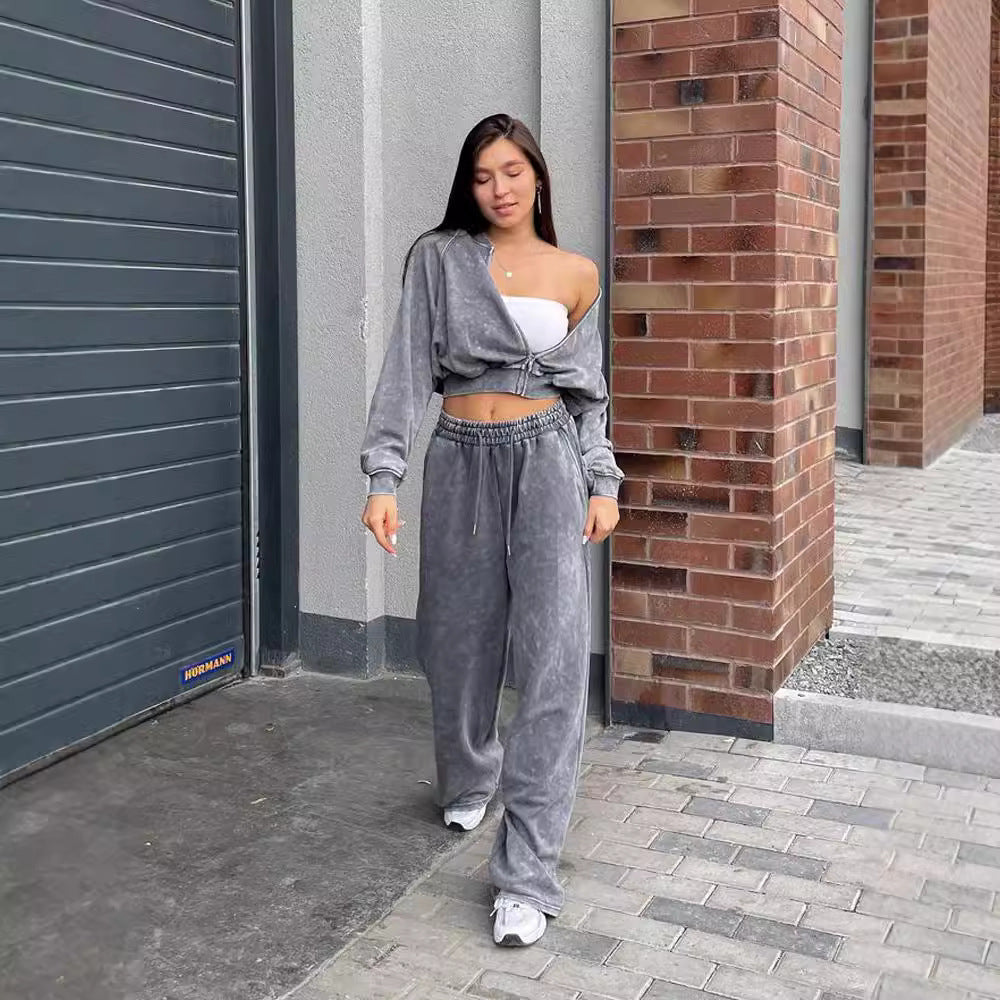 Damen modischer cropped Kapuzenpullover mit Reißverschluss und lässigen Jogginghose Fudus