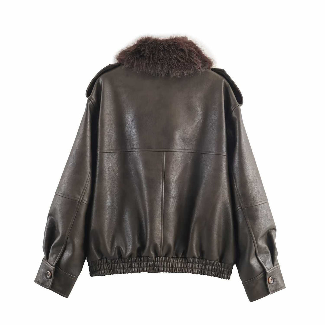 Damen lässige Lederjacke mit abnehmbarem Kunstfellkragen und praktischen Taschen Fudus