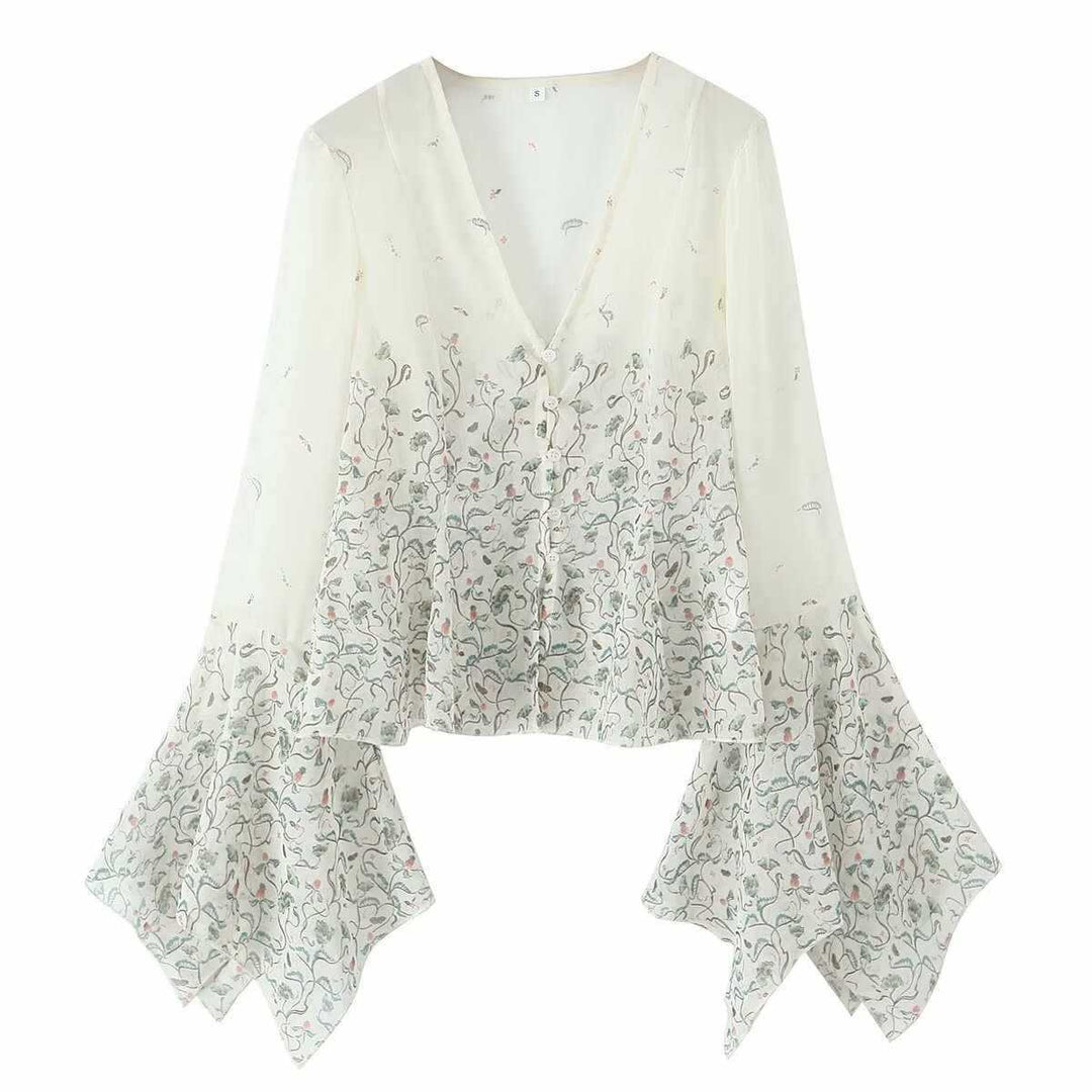 Damen lässige Bluse mit eleganten Glockenärmeln und floralem Design Fudus