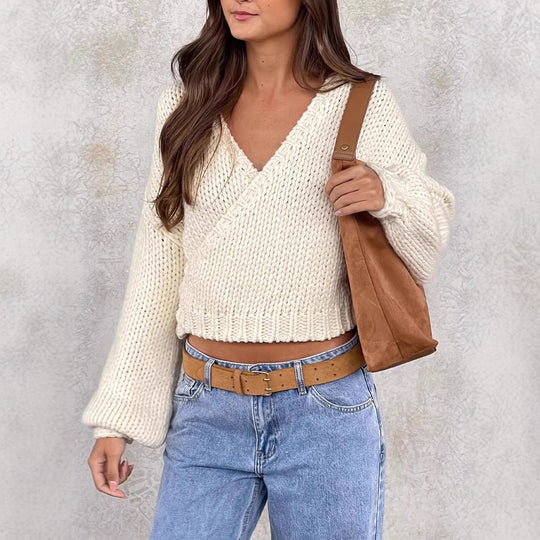 Damen kuscheliger Strickpullover mit modernem Wickeldesign Fudus