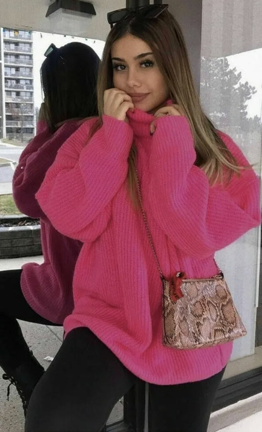 Damen Grobstrickpullover mit hohem Kragen und lässigem Schnitt Fudus