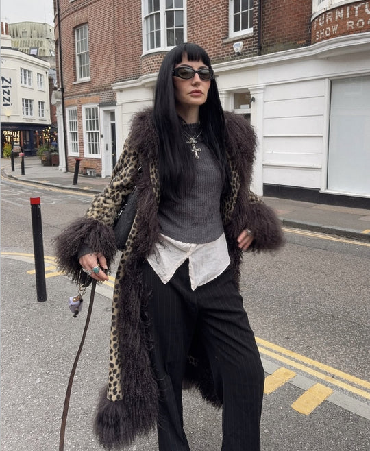 Damen Kunstfellmantel mit Leopardenmuster Fudus