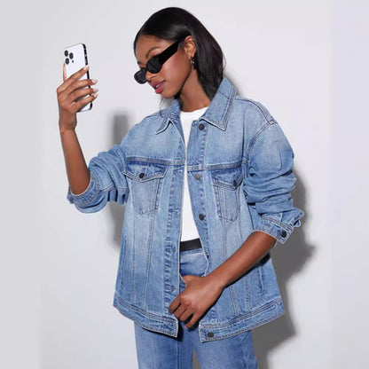 Damen Oversized Jeansjacke Im Lässigen Stil Mit Taschen Und Vielseitigem Design