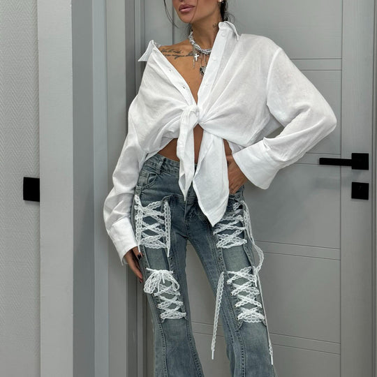 Damen lässige Jeans mit einzigartigen Schnürdetails Fudus