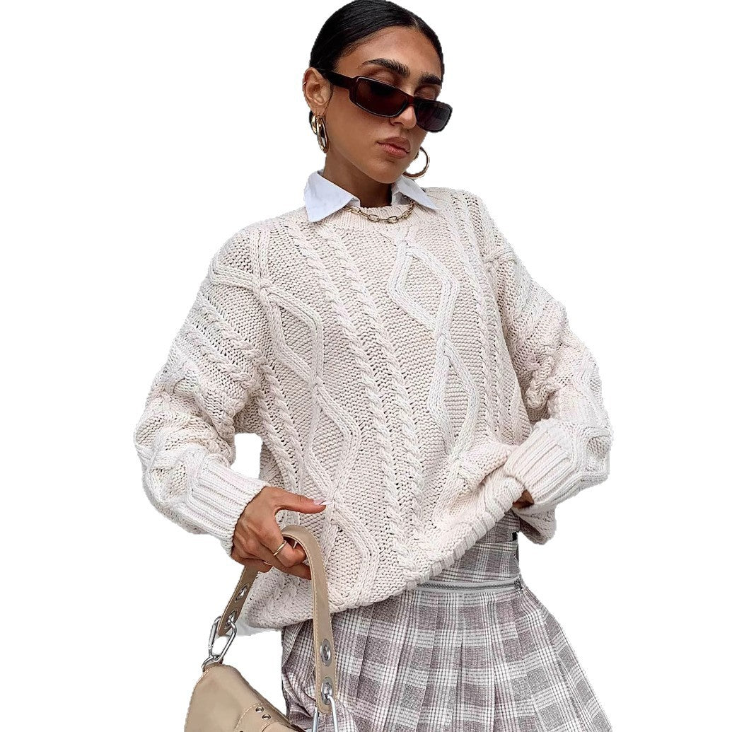 Damen Grobstrickpullover mit voluminösen Ärmeln und klassischem Zopfmuster Fudus