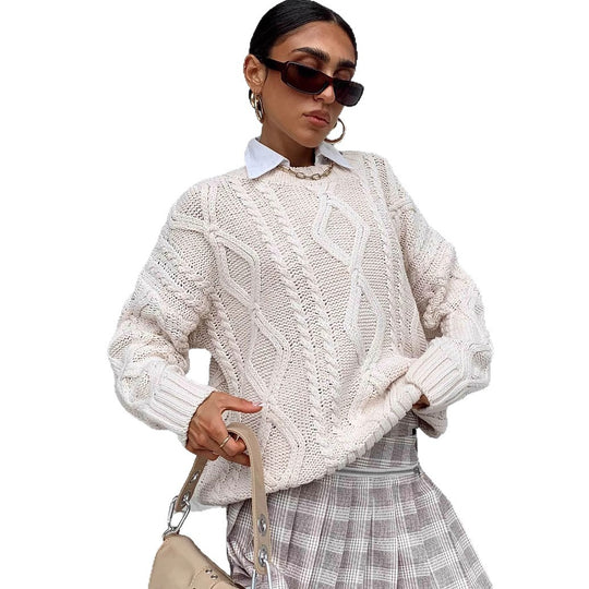 Damen Grobstrickpullover mit voluminösen Ärmeln und klassischem Zopfmuster Fudus