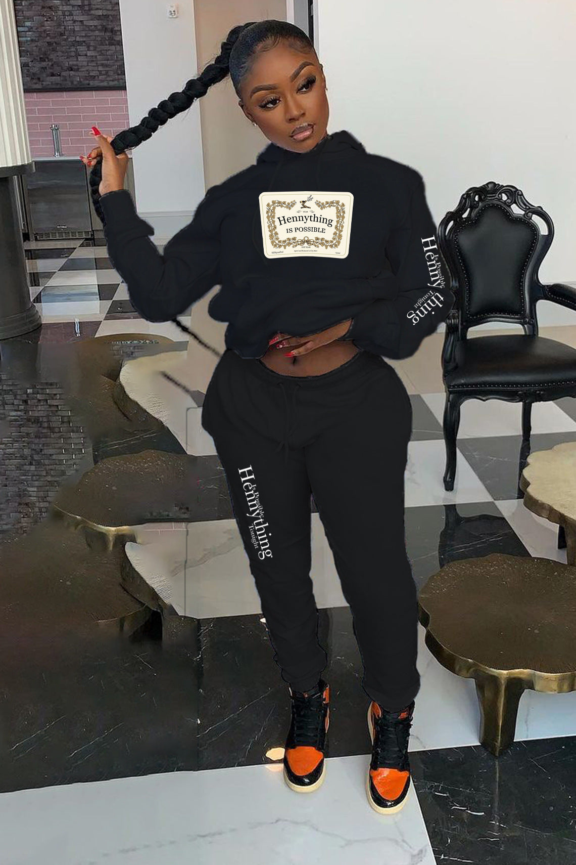 Damen Hoodie und Jogginghose Set mit kreativem Statementdruck Fudus