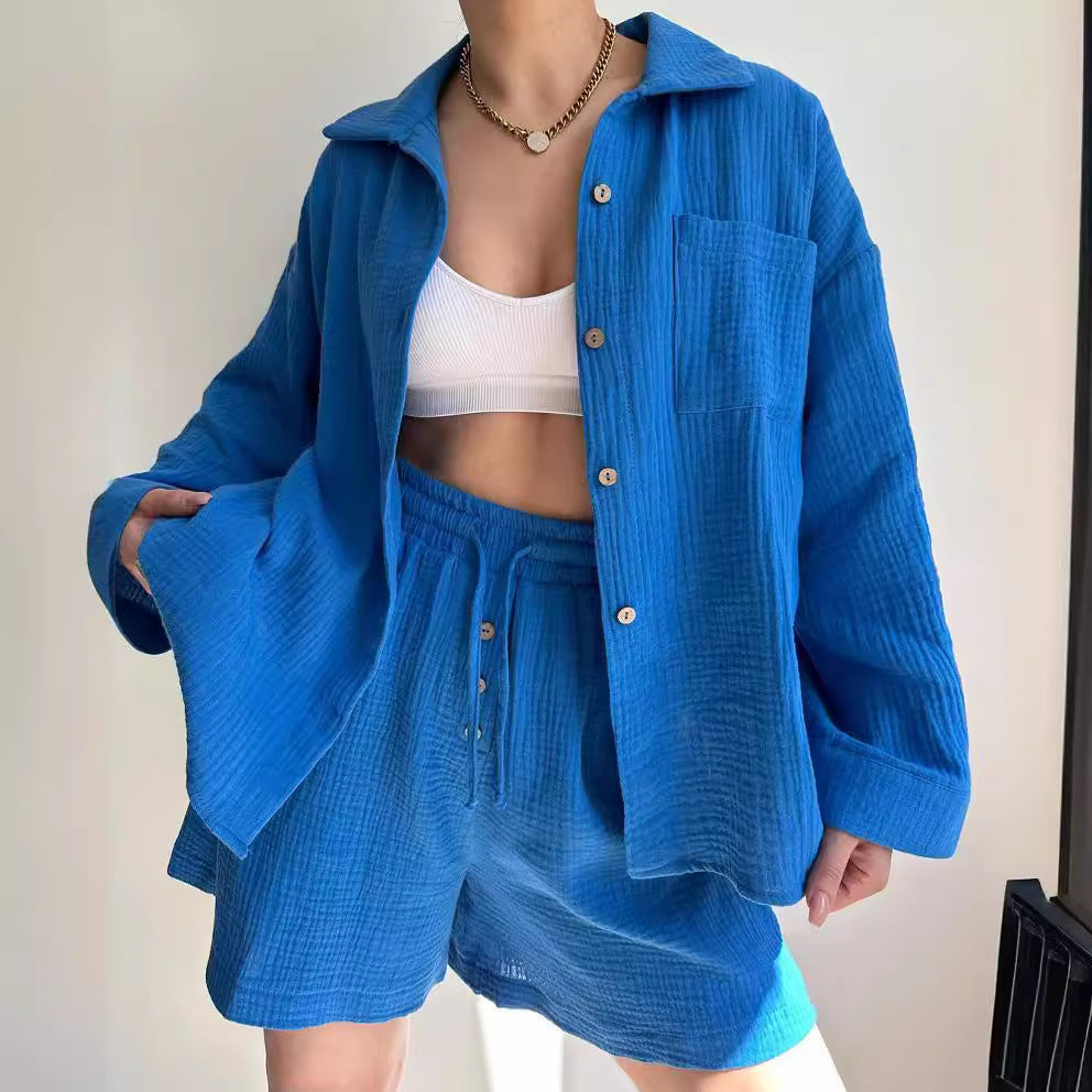 Damen lässige Overshirtjacke aus leichtem Material mit Holzknöpfen Fudus