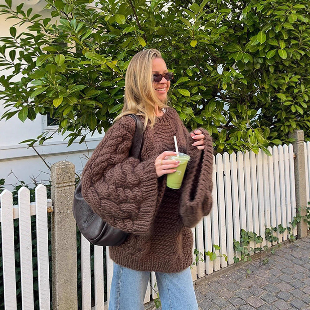 Damen Grobstrickpullover mit weiten Ärmeln Fudus