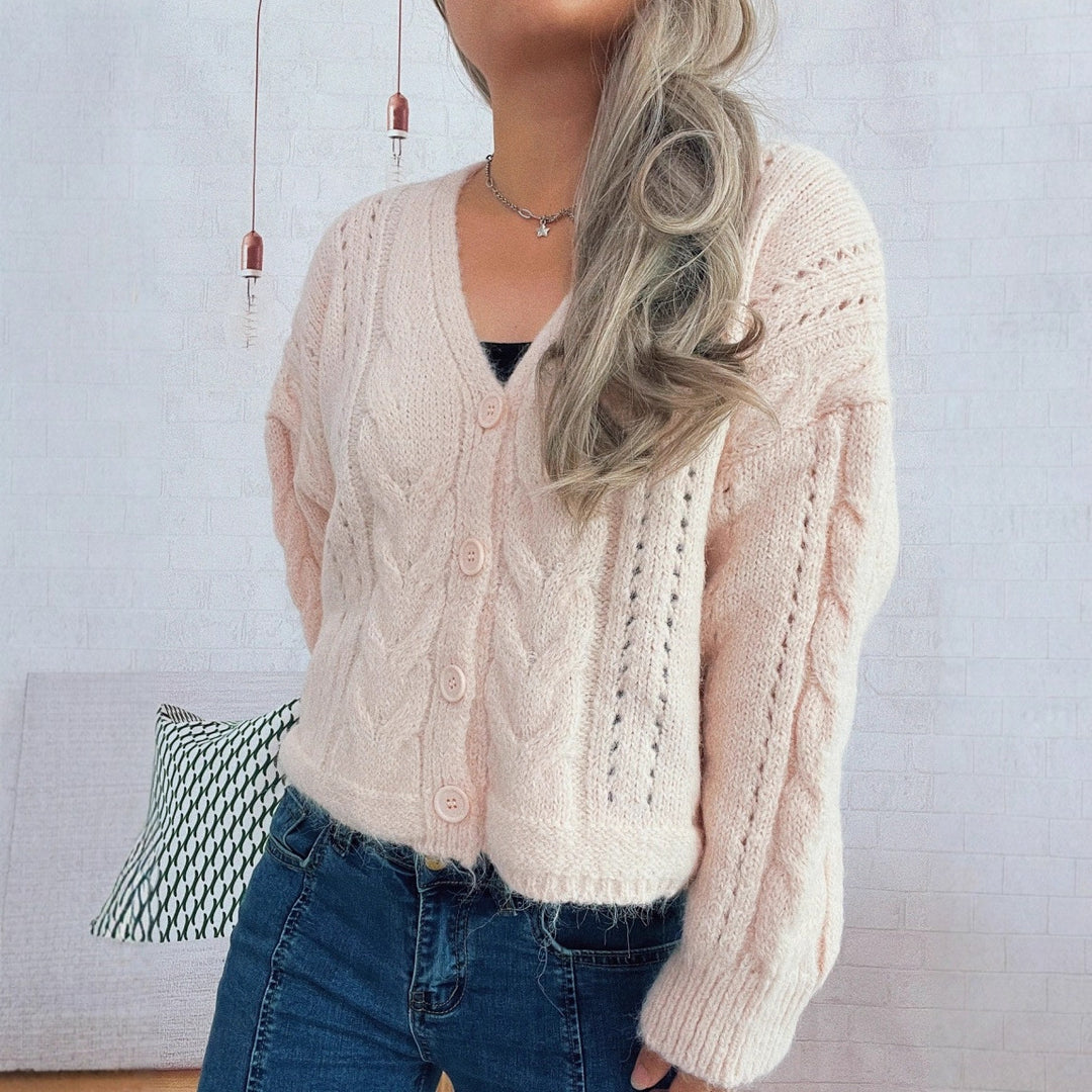 Damen kuschelige Strickjacke mit Zopfmuster und V-Ausschnitt Fudus