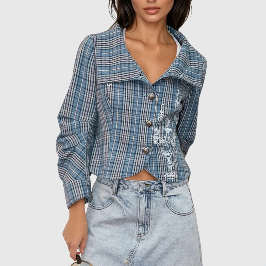 Damen Karierte Cropped Jacke Fudus