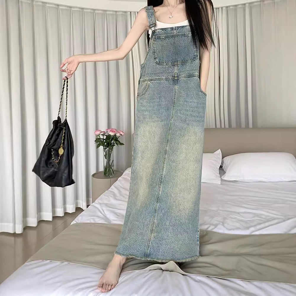 Damen Langer Denim-Overall mit Verstellbaren Trägern & Tiefen Taschen