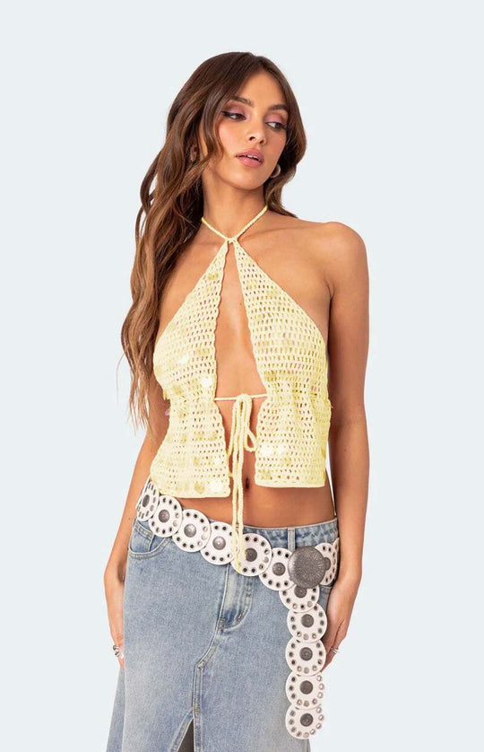 Damen Häkeloberteil mit verstellbarem V-Ausschnitt und bindbarem Design Fudus