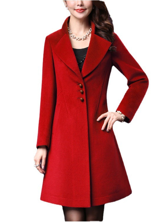 Damen klassischer, taillierter Wollmantel mit elegantem Revers Fudus