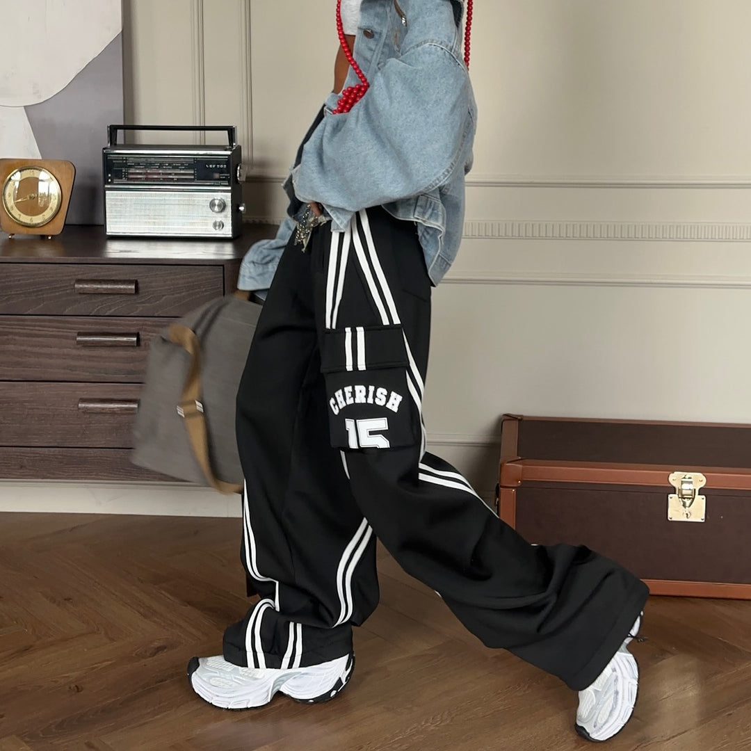 Damen lässige Cargo-Hose mit seitlichen Taschen und kontrastierenden Streifen Fudus