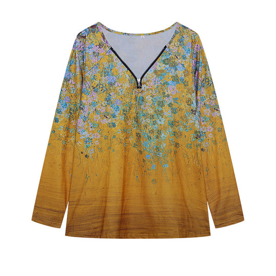 Damen Langarmbluse mit floralem Design und Reißverschluss Fudus